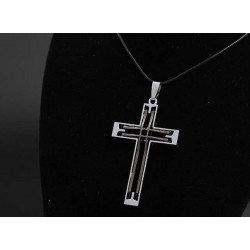 CollaresDoble hueco de acero inoxidable Cruz - collar de cuero