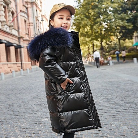 Long - warm winter jacket with fur hood - for girlsKids