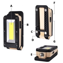 LinternasLuz de trabajo multifuncional de COB - USB - recargable - 180 grados ajustable - diseño de imanes acampar luz