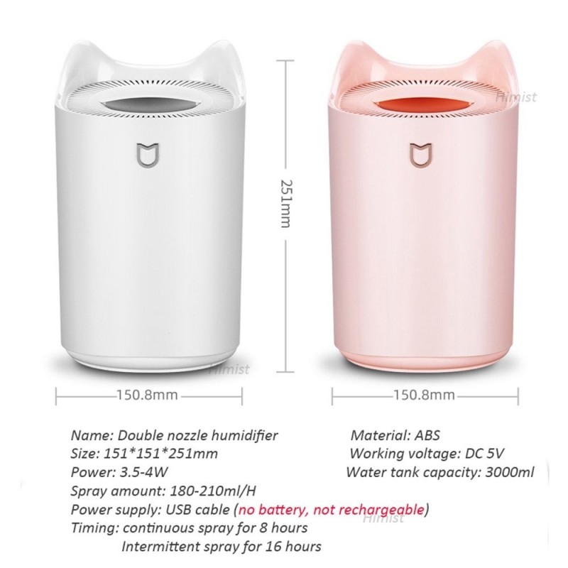 HumidificadoresHumidificador de aire - 3000ML - Doble boquilla - Cool Mist - LED colorido HumidificadoresHumidificador de aire - 3000ML - Doble boquilla - Cool Mist - LED colorido
