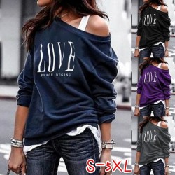 Sexy top - loose off-shoulders - long sleeve t-shirt - LOVE printBlouses & shirts