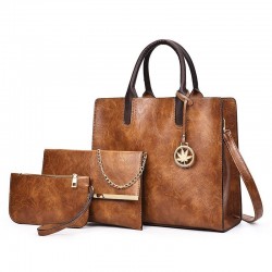 ConjuntosWomen's leather handbag set with hemp logo - with messenger bag and purse - 3pcs