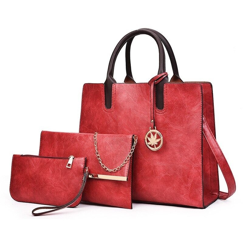 ConjuntosWomen's leather handbag set with hemp logo - with messenger bag and purse - 3pcs