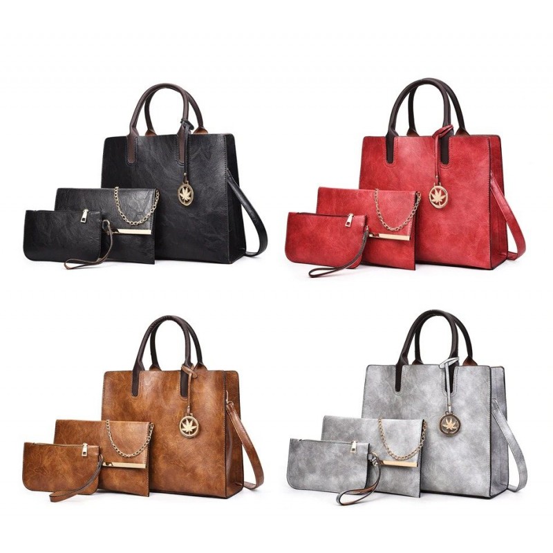 ConjuntosWomen's leather handbag set with hemp logo - with messenger bag and purse - 3pcs