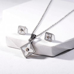 Jewellery set - necklace & earrings - square pendant - flowers with white shellNecklaces
