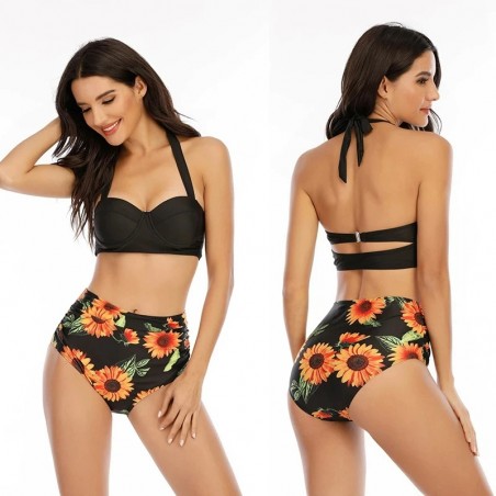 Sexy bikini set - with push-up - high waist - sunflowersBeachwear