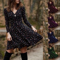 Mini loose dress - long sleeve - v-neck - vintage floral printDresses