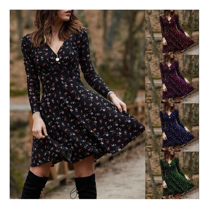 VestidosFloral - v-neck - long sleeve dress