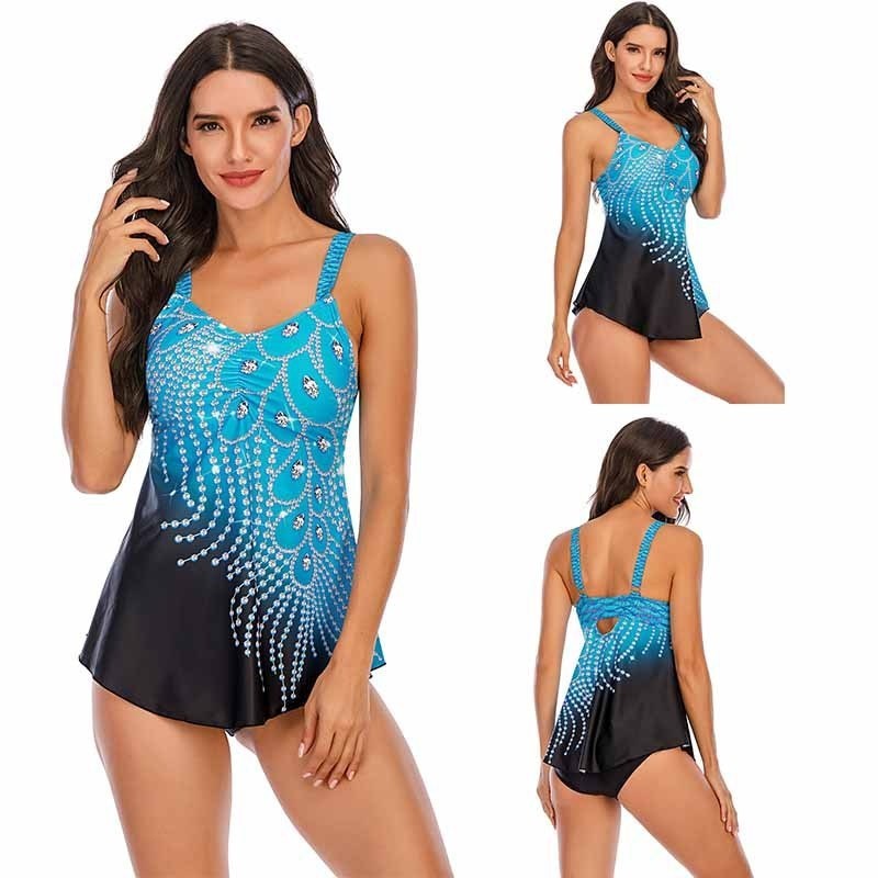 Long top bikini set - peacock feather printBeachwear