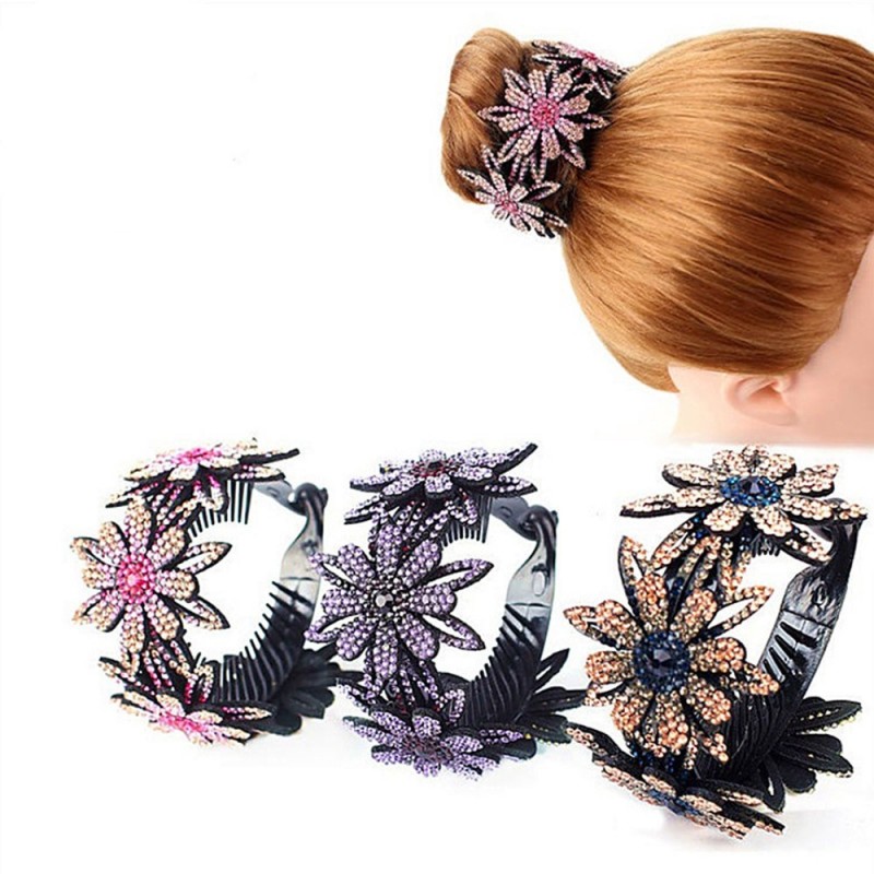 Floral hair clip - bun maker - claw - with sparkling rhinestonesHair clips