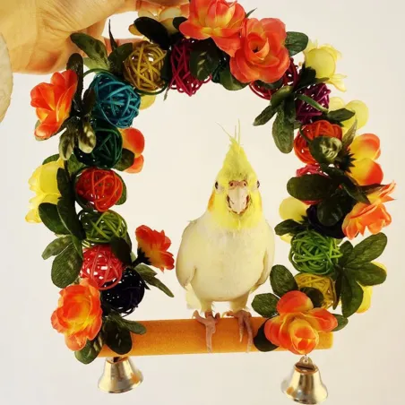 AvesWooden bird swing - with flowers / bells decoration