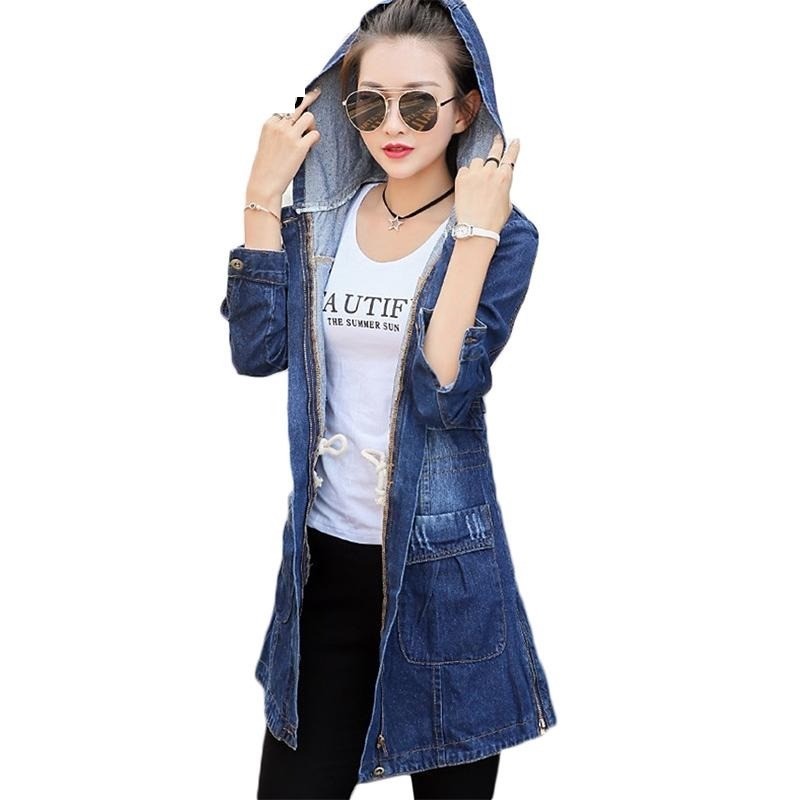 Trendy denim long jacket - with hood - zipper - pocketsJackets