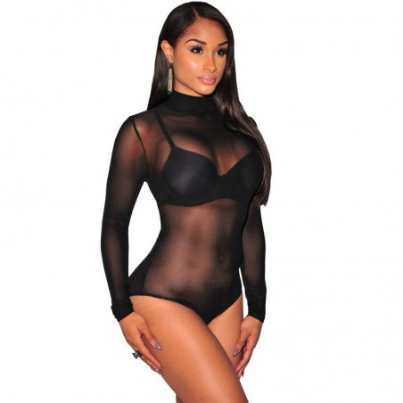 LenceríaBody de malla transparente - con medio cuello alto - manga larga