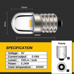 E10Light bulbs - warm white led - 2pcs - 3v - 6v - 12v