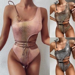 Sexy bikini / one piece swimming suit - with decorative rings - snake skinBeachwear