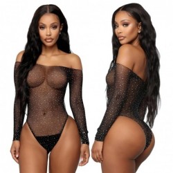 LenceríaMalla sexy - cuerpo transparente - manga larga - hombros descubiertos - con pedrería