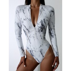 NataciónSummer print zipper one piece swimsuits - closed long sleeve Swimwear Sports Surfing Women's Swimming Bathing Suit Be...