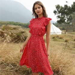 Summer dotted dress - with ruffles sleeves - midi - chiffonDresses