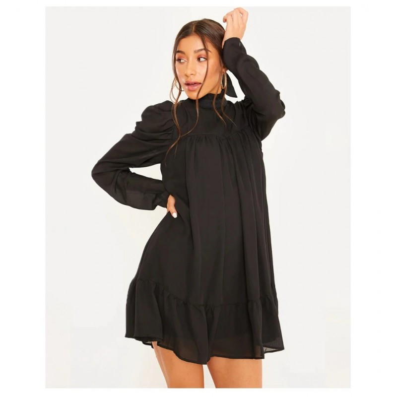 Elegant loose mini dress - puff sleeves - turtle neck with rufflesDresses