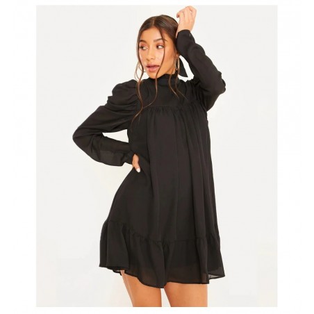 Elegant loose mini dress - puff sleeves - turtle neck with rufflesDresses