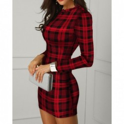 Elegant plaid mini dress - long sleeve - with back zipper - redDresses