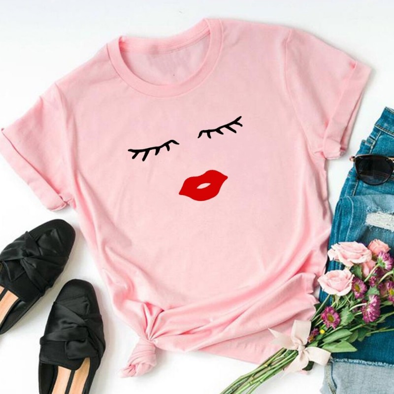 Blusas y camisasCamiseta de manga corta de moda - pestañas / labios rojos