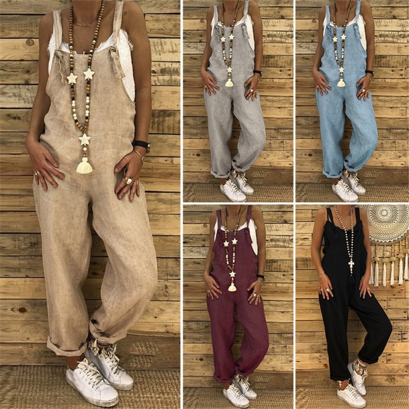 Jumpsuits2021 Women Casual Jumpsuits Vintage Linen Solid Rompers Lace Up Strappy Loose Wide Leg Dungarees Bib Overalls Female...