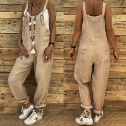 Jumpsuits2021 Women Casual Jumpsuits Vintage Linen Solid Rompers Lace Up Strappy Loose Wide Leg Dungarees Bib Overalls Female...