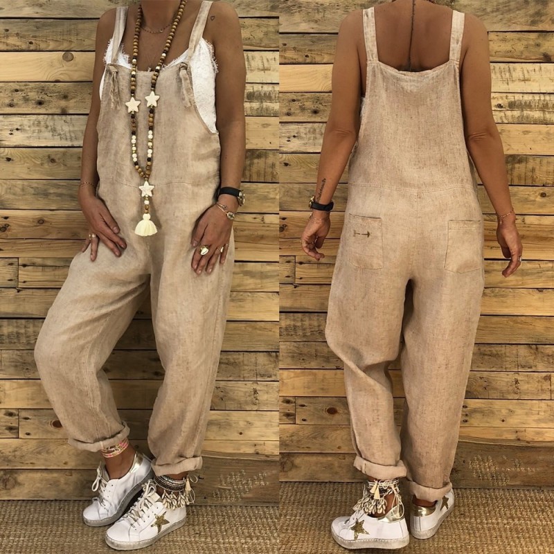 Jumpsuits2021 Women Casual Jumpsuits Vintage Linen Solid Rompers Lace Up Strappy Loose Wide Leg Dungarees Bib Overalls Female...