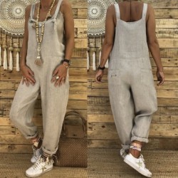 Jumpsuits2021 Women Casual Jumpsuits Vintage Linen Solid Rompers Lace Up Strappy Loose Wide Leg Dungarees Bib Overalls Female...