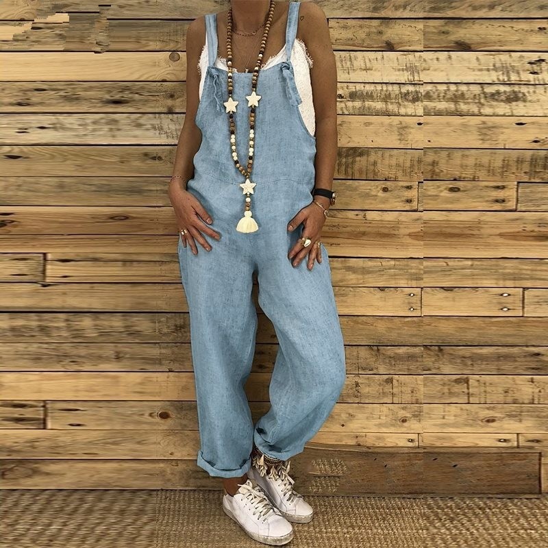 Jumpsuits2021 Women Casual Jumpsuits Vintage Linen Solid Rompers Lace Up Strappy Loose Wide Leg Dungarees Bib Overalls Female...