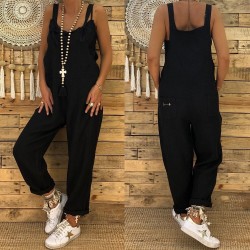 Jumpsuits2021 Women Casual Jumpsuits Vintage Linen Solid Rompers Lace Up Strappy Loose Wide Leg Dungarees Bib Overalls Female...