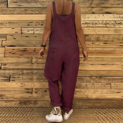 Jumpsuits2021 Women Casual Jumpsuits Vintage Linen Solid Rompers Lace Up Strappy Loose Wide Leg Dungarees Bib Overalls Female...