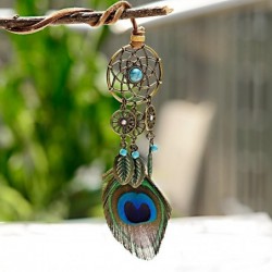 Long necklace with peacock feather - dreamcatcher - leather ropeNecklaces