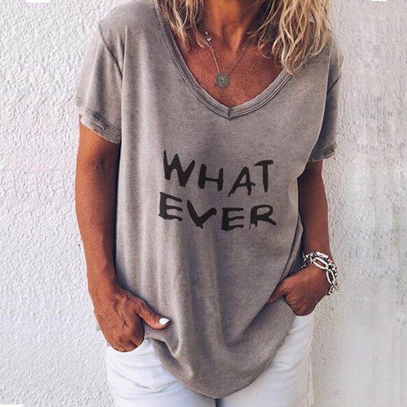 Blusas y camisasSummer new short sleeve T-shirt ladies letter printed casual loose V collar plus size Top Tees