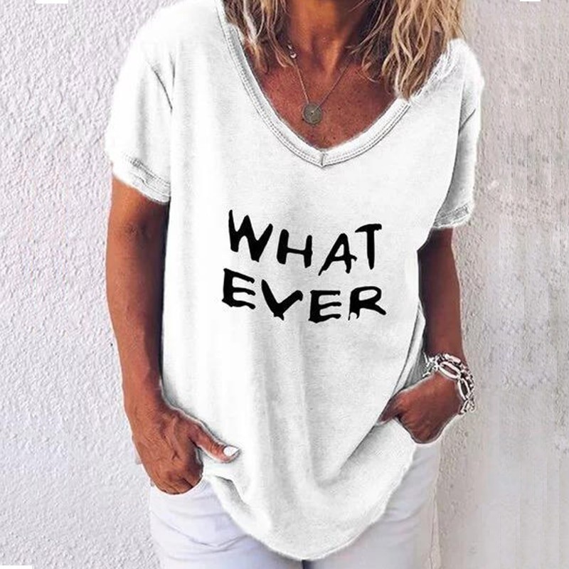 Blusas y camisasSummer new short sleeve T-shirt ladies letter printed casual loose V collar plus size Top Tees