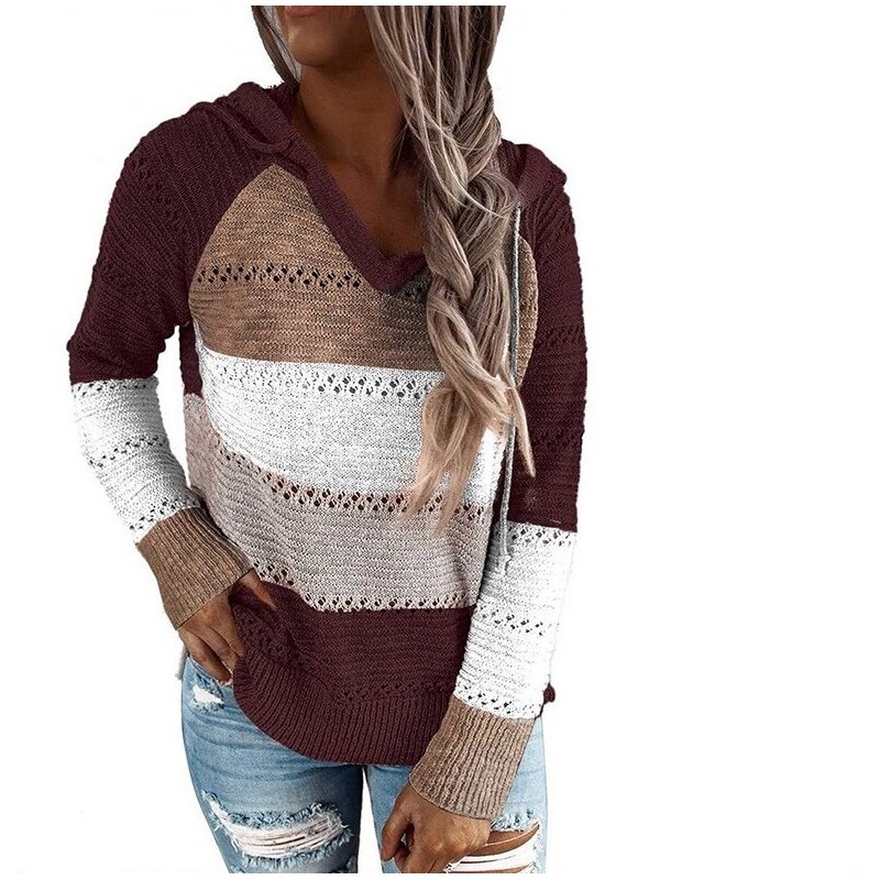 Hoodies & JerséisAutumn and winter ladies' new sweaters are best selling multicolor stitching hooded sweater pullover tops