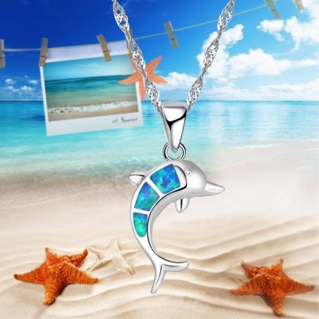 CollarSilver necklace with a colorful opal dolphin