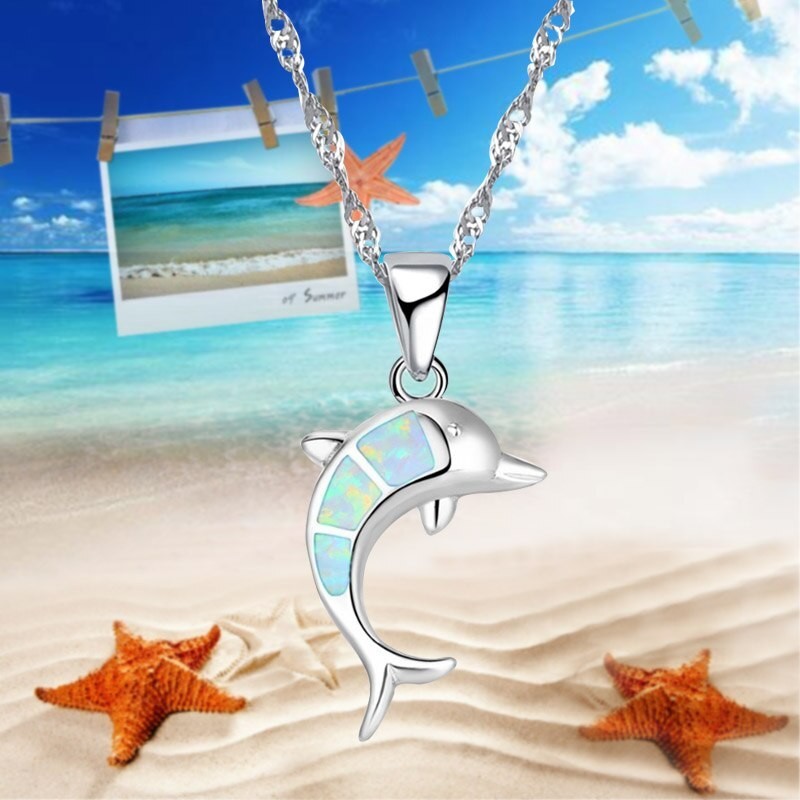 Silver necklace with a colorful opal dolphinNecklaces