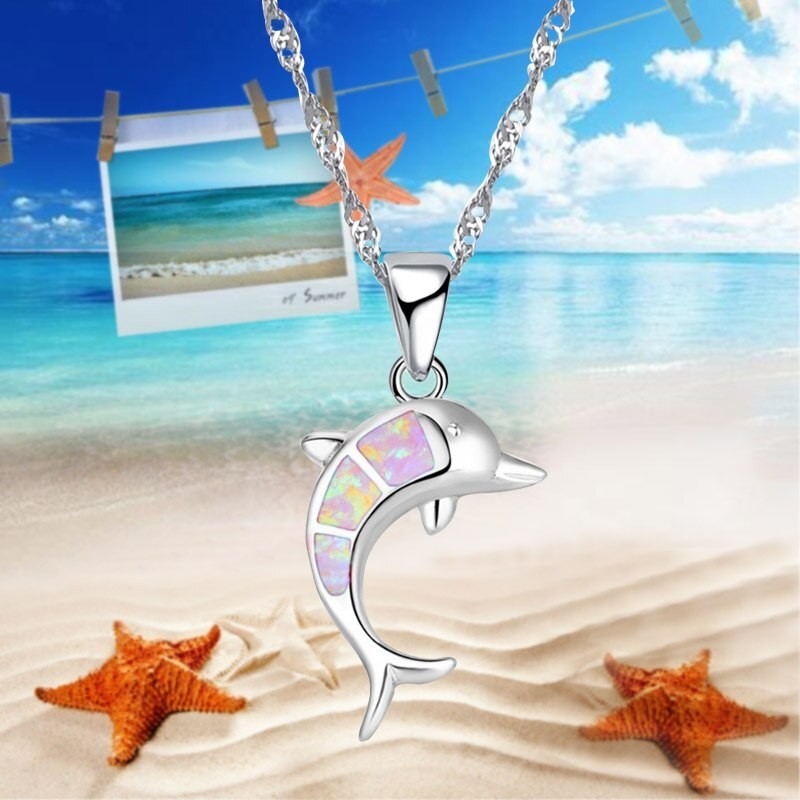 CollarSilver necklace with a colorful opal dolphin
