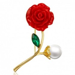 BrochesRed rose with pearl / crystal leaf - brooch