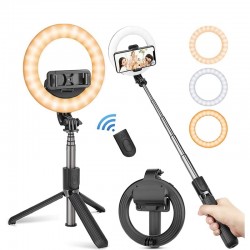 Palos selfiesPalo para selfies 4 en 1 - anillo de luz LED - inalámbrico - Bluetooth - mini trípode de mano - con control remoto
