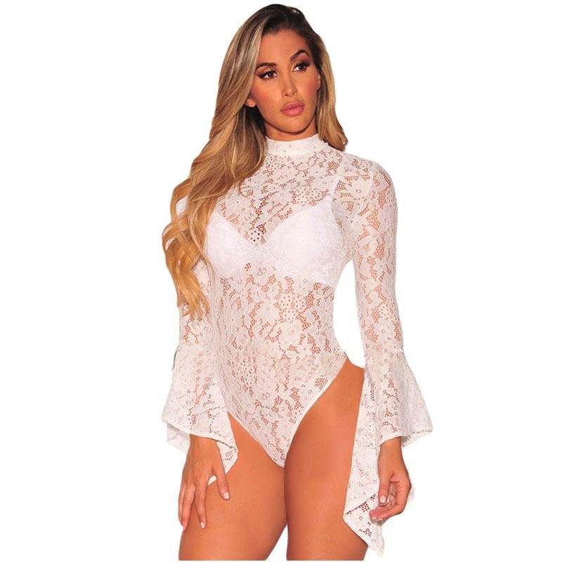 Blusas y camisasSexy bodysuit - floral lace - with half turtleneck - long sleeve - open back
