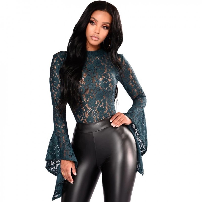Blusas y camisasSexy bodysuit - floral lace - with half turtleneck - long sleeve - open back