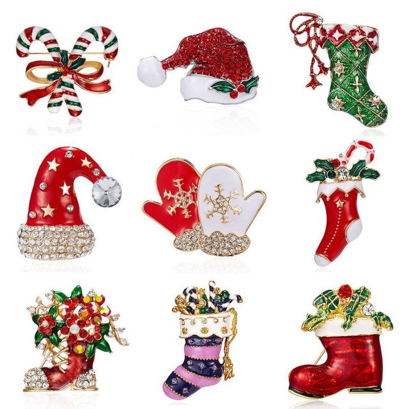 BrochesFashionable Christmas brooches - with crystals - hat - socks - double candy cane