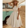 Satin white dress - knee length - sleeveless - open back - with rufflesDresses