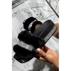 Luxurious fur slippers - with rhinestones - platform on the wedge - profiled insoleShoes