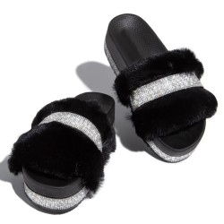 Luxurious fur slippers - with rhinestones - platform on the wedge - profiled insoleShoes