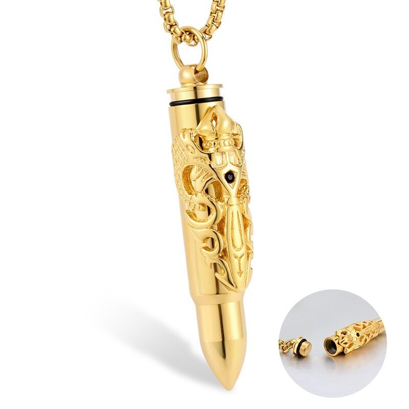 CollarDragon pattern bullet shape pendant with chain  - men / woman - silver/ gold - high quality