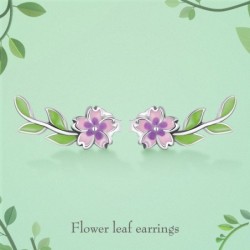 AretesFlor violeta-rosa/hoja verde - pendientes elegantes - plata de ley 925